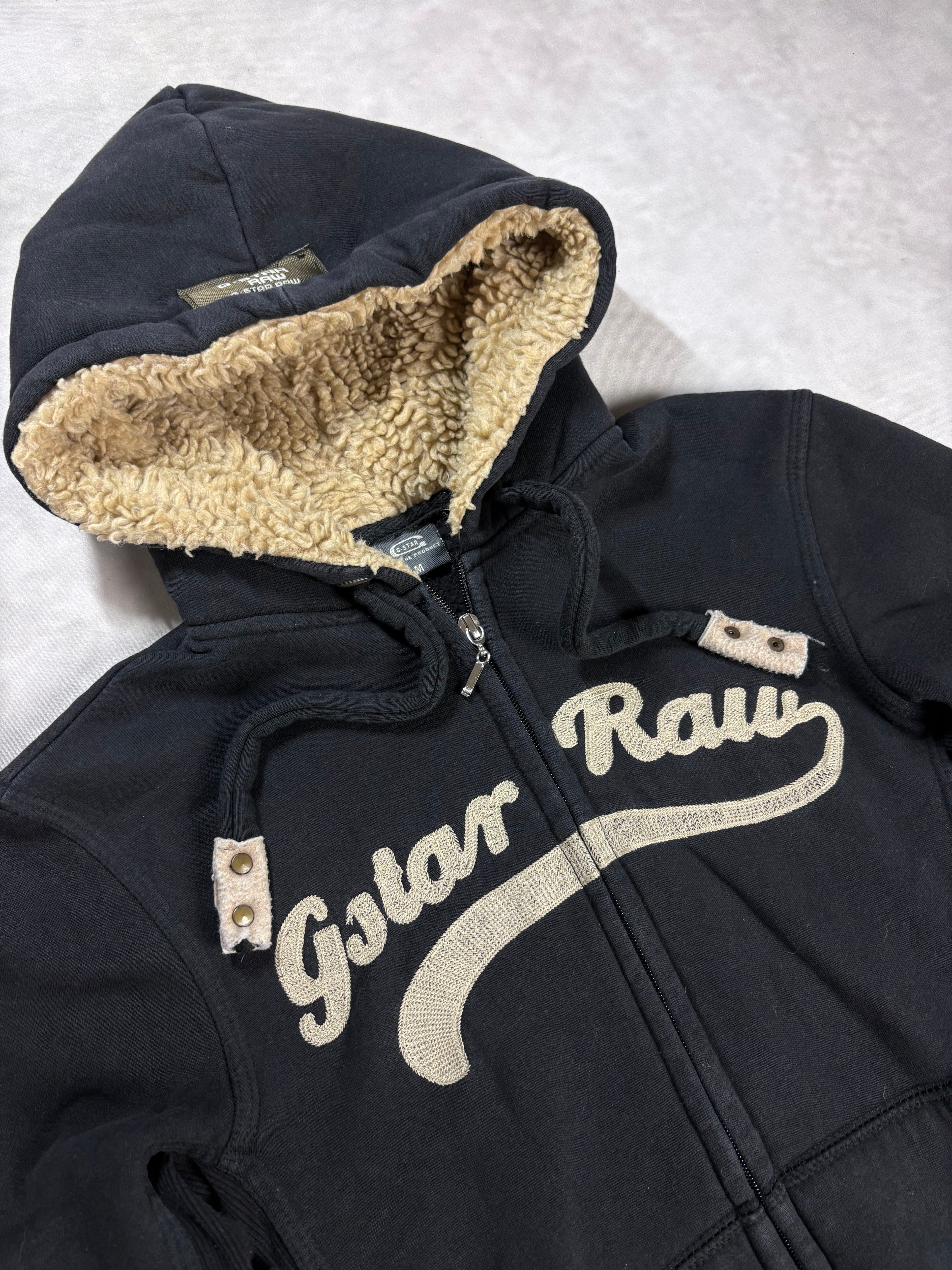 G-Star Raw Sherpa Zip Hoodie Black – Vintage Y2K Fleece Jacket (M)