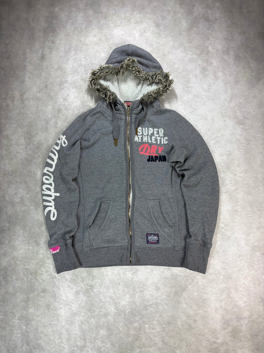 Superdry Fur Zip Hoodie Grey – Vintage Y2K Fleece Jacket (M)