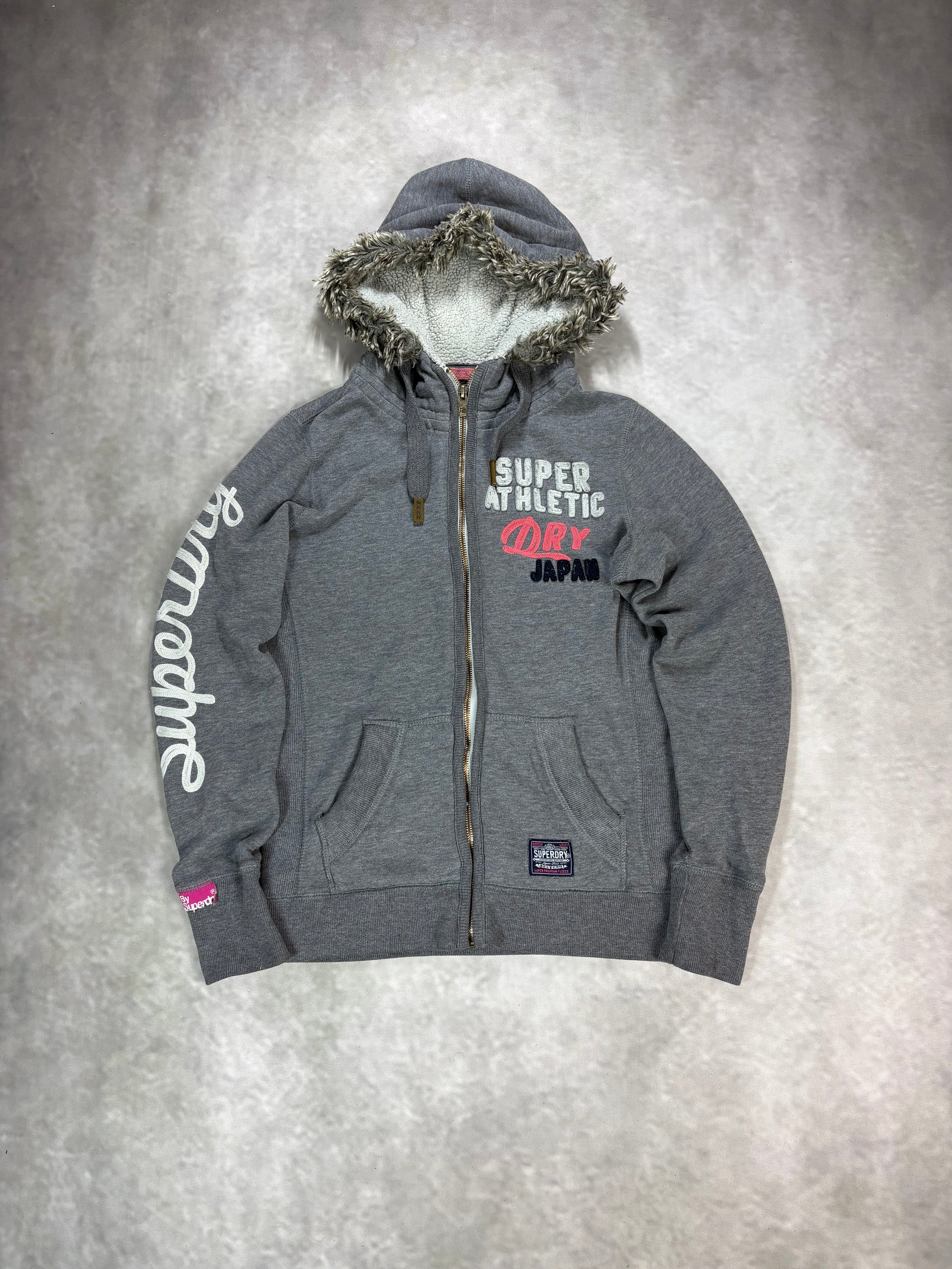 Superdry Fur Zip Hoodie Grey – Vintage Y2K Fleece Jacket (M)