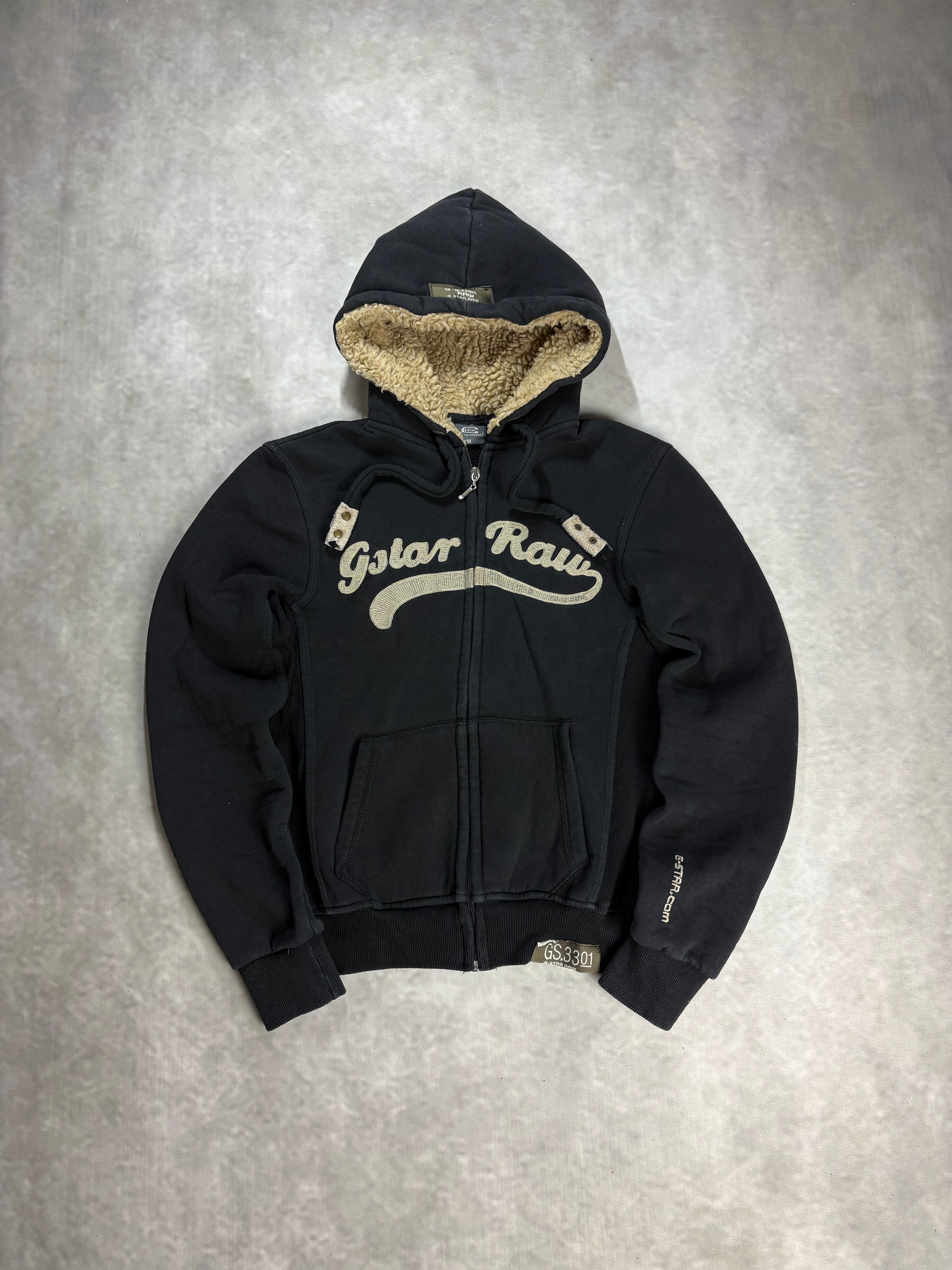 G-Star Raw Sherpa Zip Hoodie Black – Vintage Y2K Fleece Jacket (M)