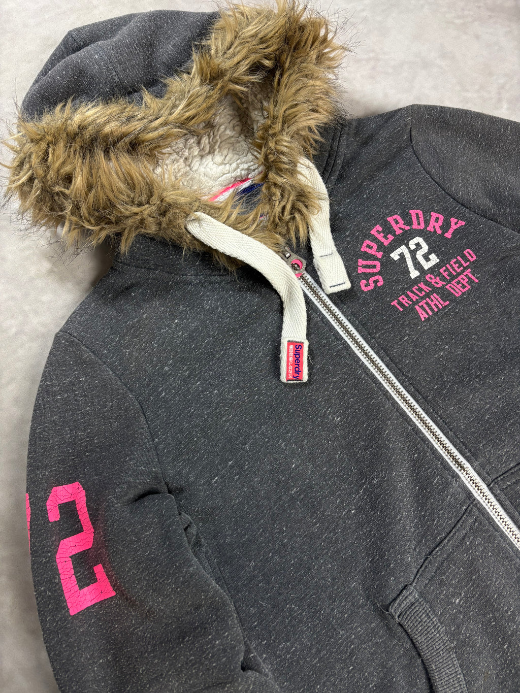 Superdry Track & Field Fur Zip Hoodie Charcoal Grey Pink – Vintage Sherpa Lined Jacket