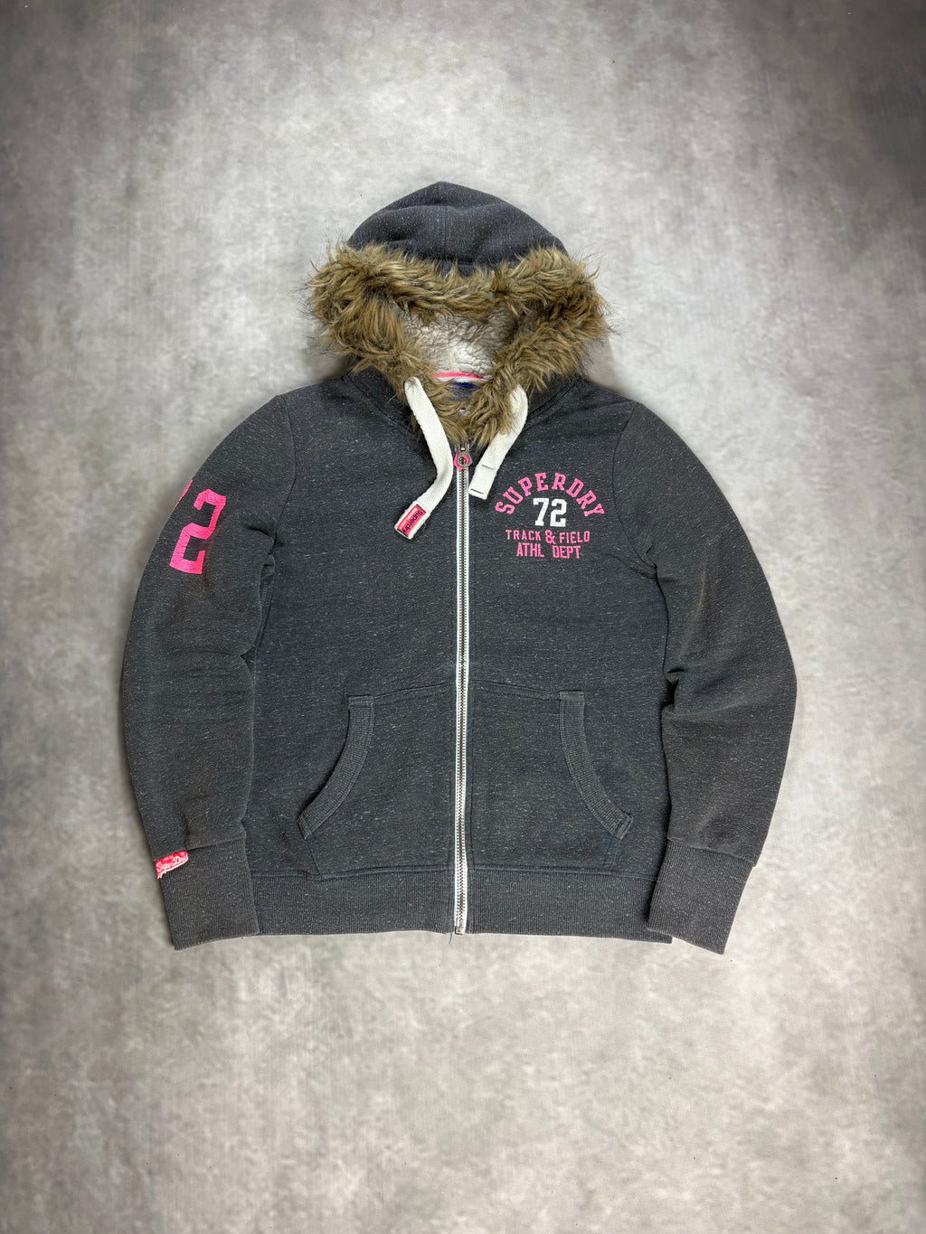 Superdry Track & Field Fur Zip Hoodie Charcoal Grey Pink – Vintage Sherpa Lined Jacket