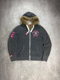 Superdry Track & Field Fur Zip Hoodie Charcoal Grey Pink – Vintage Sherpa Lined Jacket