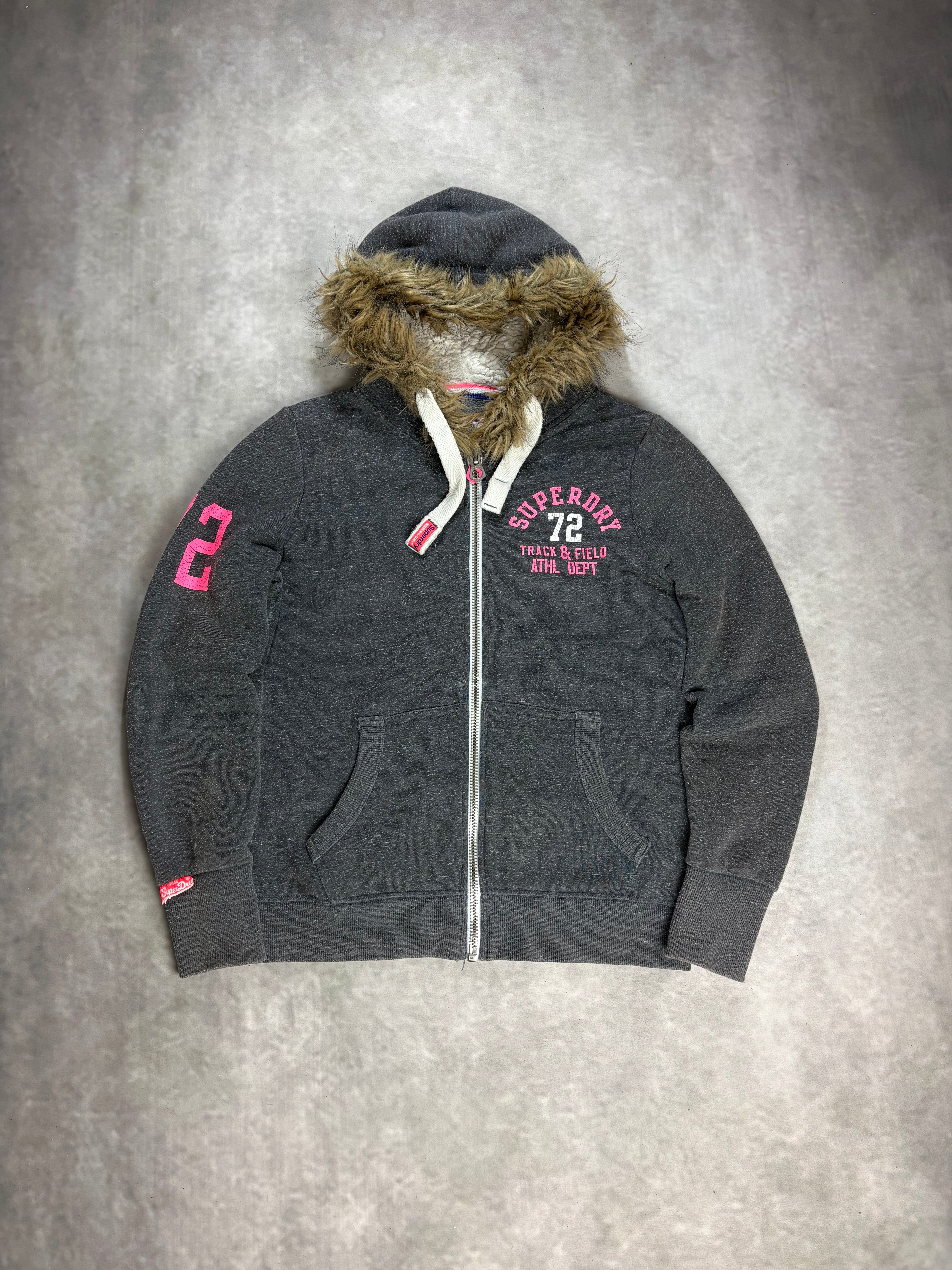 Superdry Track & Field Fur Zip Hoodie Charcoal Grey Pink – Vintage Sherpa Lined Jacket
