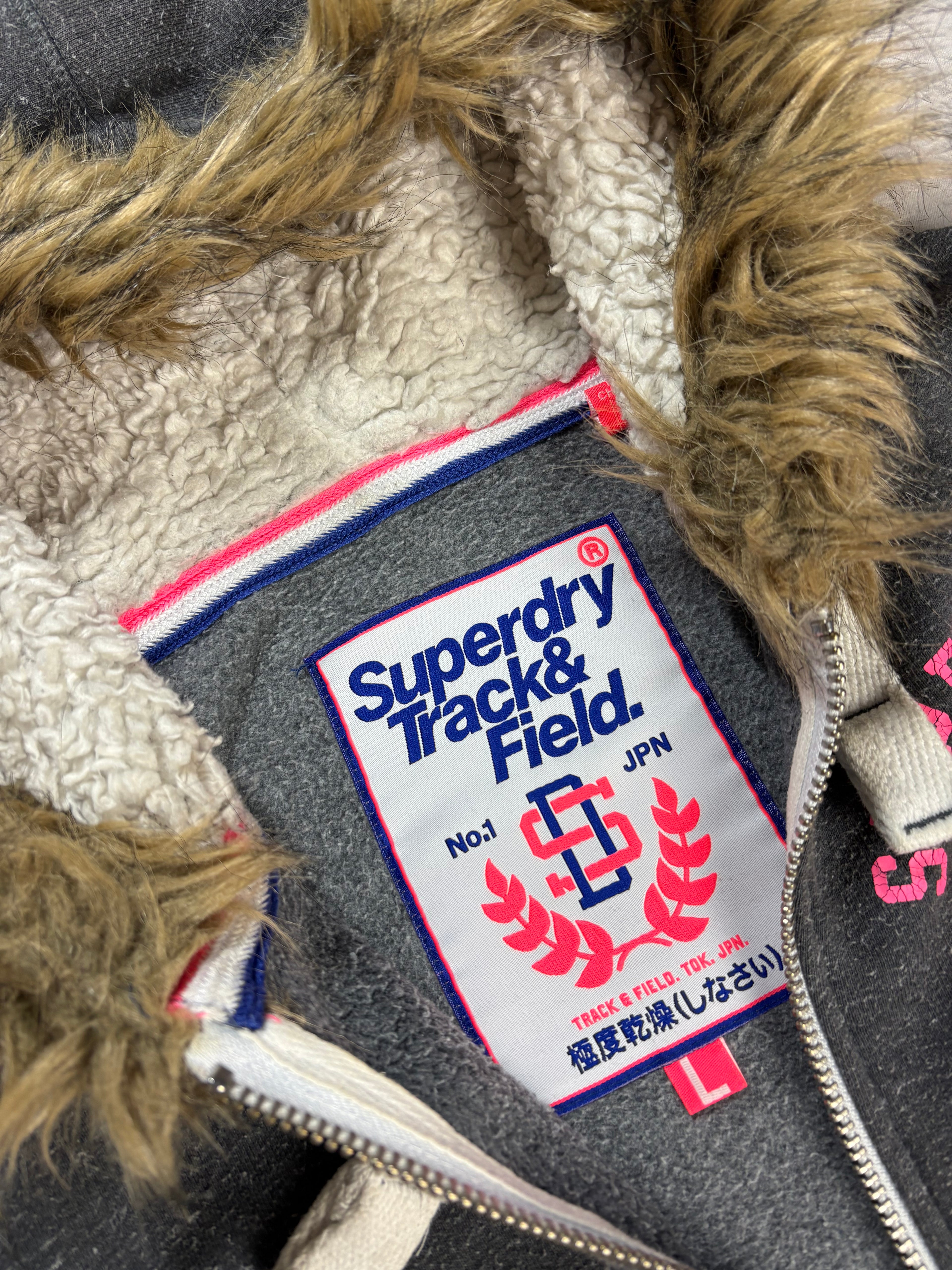 Superdry Track & Field Fur Zip Hoodie Charcoal Grey Pink – Vintage Sherpa Lined Jacket